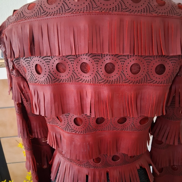 Wild Honey Red Leather Jacket with Fringe and Cutouts - Picture 5 of 8
